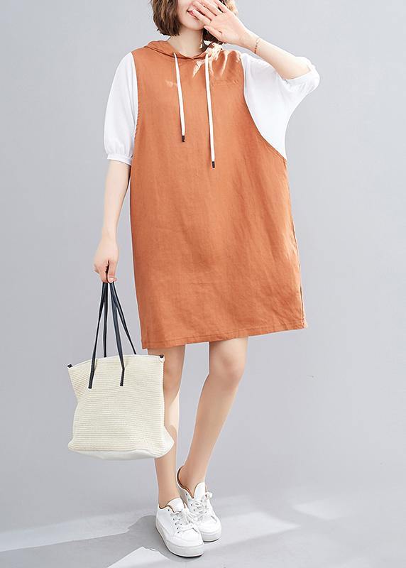 DIY hooded Batwing Sleeve linen cotton dress linen orange Dresses