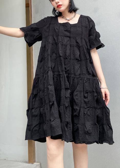 Style black Cotton tunic dress Square Collar Cinched oversized summer Dresses