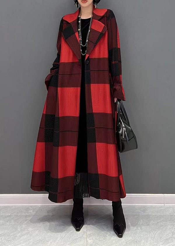 DIY asymmetric Plus Size maxi coat red plaid daily coats