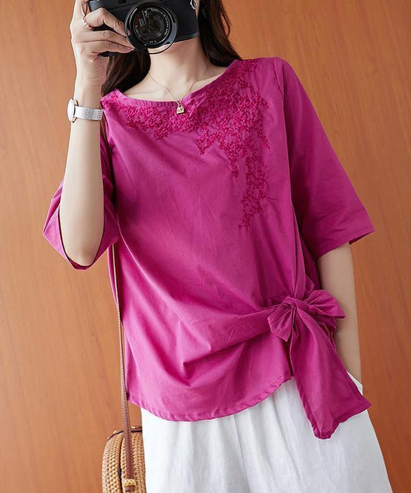 Beautiful o neck Bow Shirts Outfits rose embroidery shirts