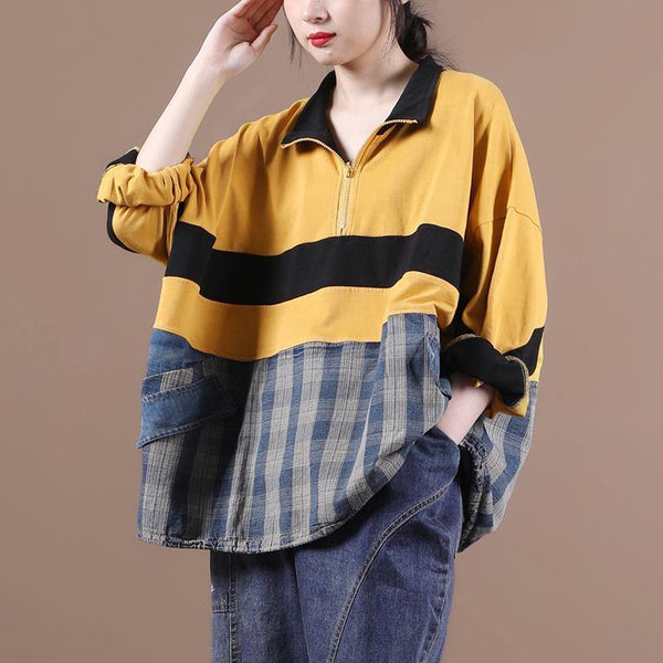 Elegant yellow clothes For Women lapel zippered Midi blouse