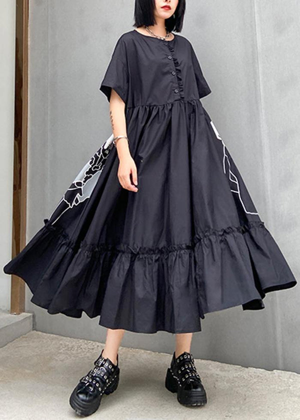 Classy black print cotton clothes o neck Cinched cotton robes summer Dresses