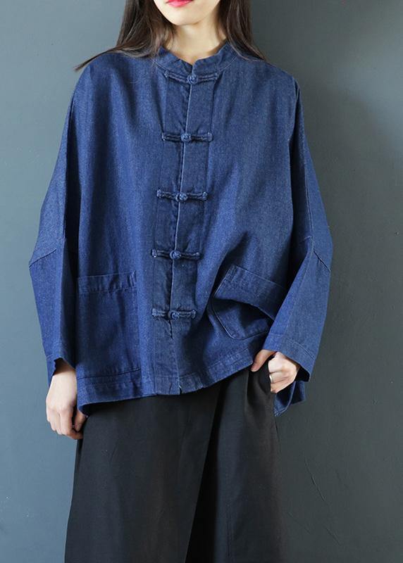 Bohemian denim dark blue clothes For Women stand collar Chinese Button tunic blouse