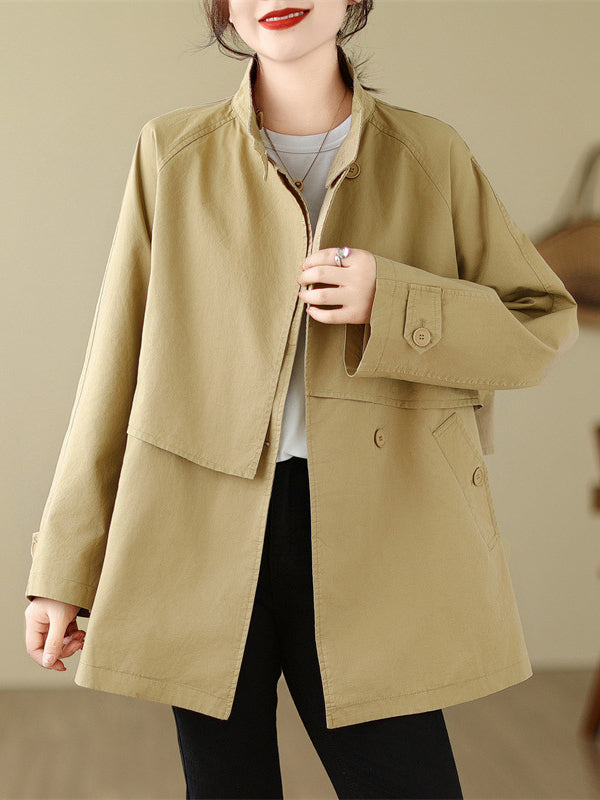 Long Sleeves Loose Asymmetric Buttoned Pockets Solid Color Split-Joint Stand Collar Outerwear Trench Coats