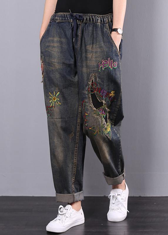 Women Cotton Vintage Embroidered Elastic Waist Casual Jeans