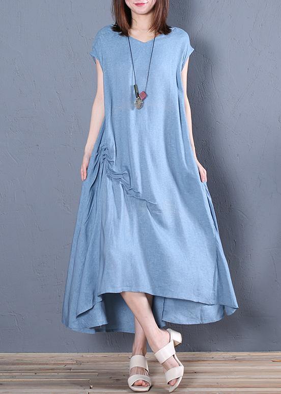 Organic blue cotton clothes For Women v neck Cinched loose Dresses