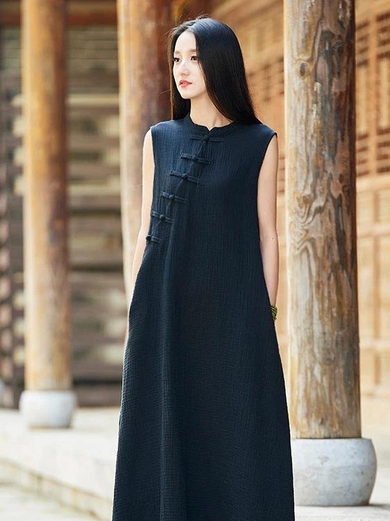 French stand collar Chinese Button cotton linen summer dress Neckline black Dress