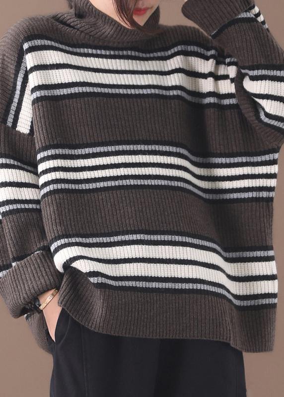 Pullover khaki striped knitted clothes plus size winter knitted blouse high neck