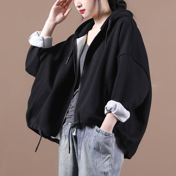 Women hooded drawstring Fine fall coats black loose jackets