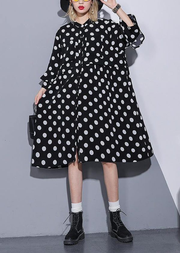 Loose black dotted silk Cotton quilting clothes Women Square Collar Plus Size Summer Dress