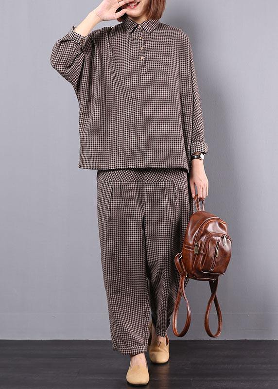 khaki plaid vintage cotton linen two pieces long sleeve shirt with women casual pants