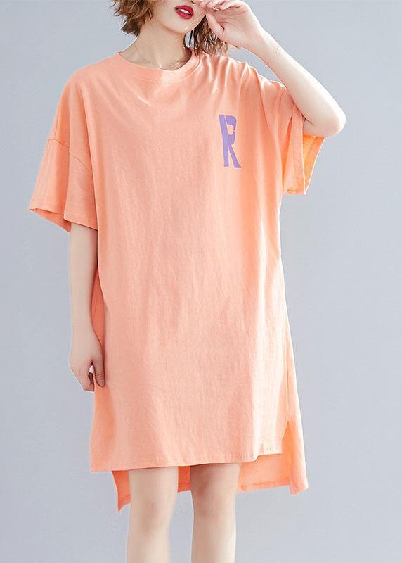 Women orange print linen Wardrobes o neck side open cotton summer Dress