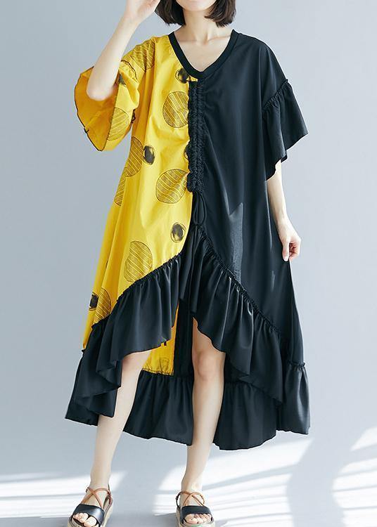 Modern black patchwork yellow Long Shirts v neck Ruffles Maxi summer Dress