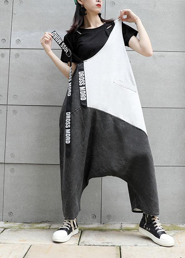 Strap  retro black gray patchwork overalls casual pants jeans women