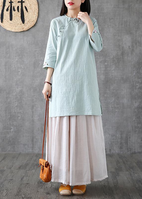 Handmade o neck embroidery linen clothes For Women Catwalk light green Dresses