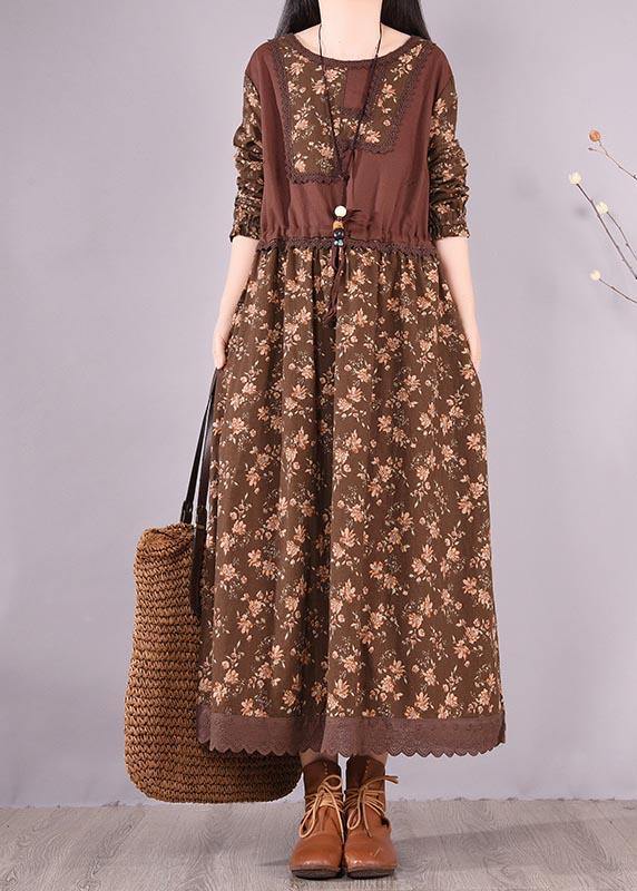 Unique O Neck Patchwork Spring Quilting Clothes Sewing Chocolate Print Loose Dress