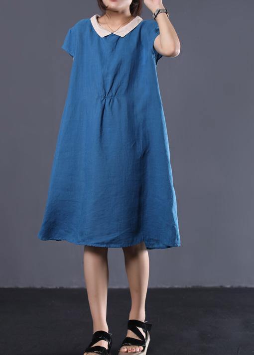 Organic blue linen clothes For Women patchwork color lapel collar baggy summer Dresses