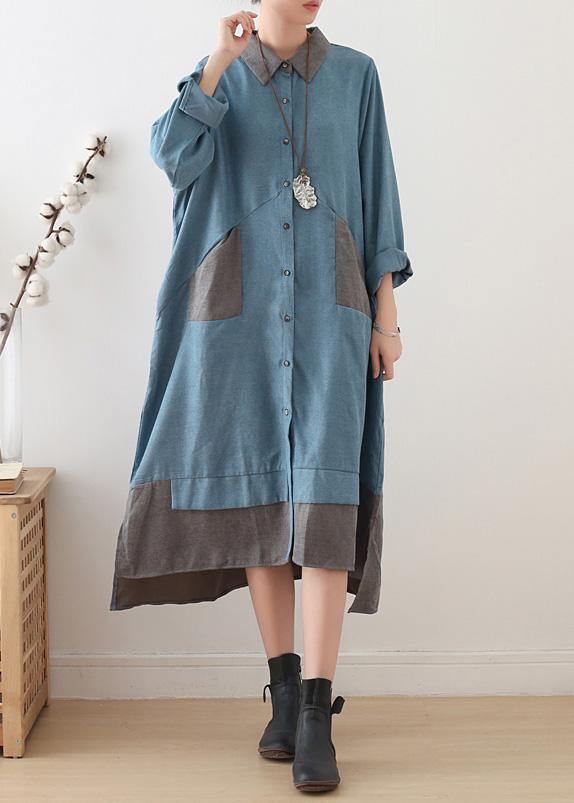 Women light blue cotton clothes lapel drawstring Dresses fall Dress