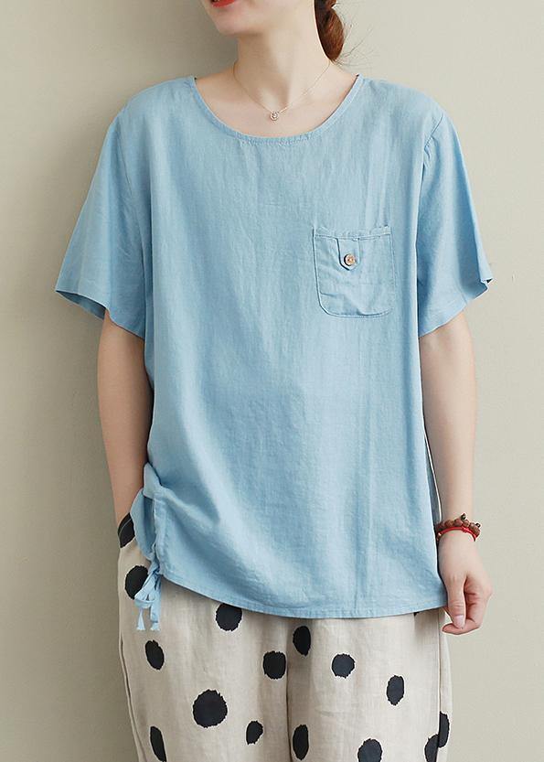 Elegant blue linen box top Fashion Ideas o neck drawstring summer top