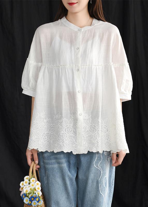 French cotton whhite shirts women boutique Women Summer Vintage Loose Embroidery Shirt