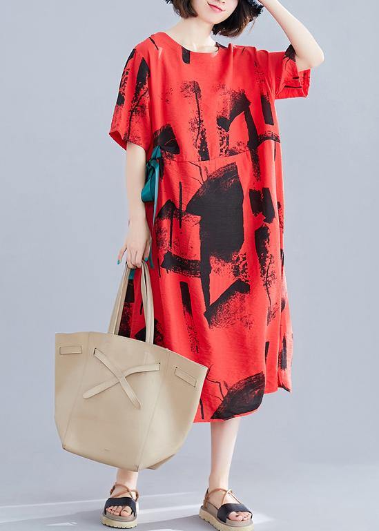 Unique red print cotton clothes Women o neck patchwork Traveling summer Dresses