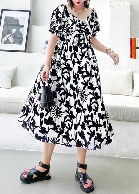 Women black print dresses v neck Cinched A Line Dress