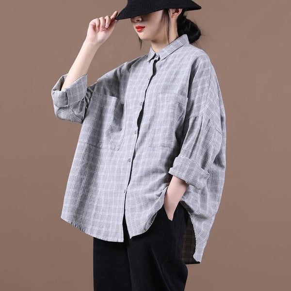 Women lapel pockets clothes Inspiration light gray plaid shirts