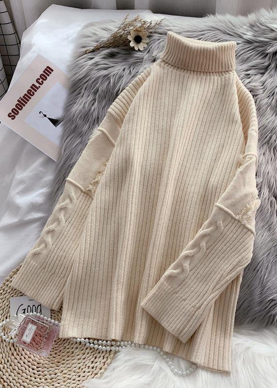 Women beige Sweater Wardrobes Refashion wild tunic high neck sweater