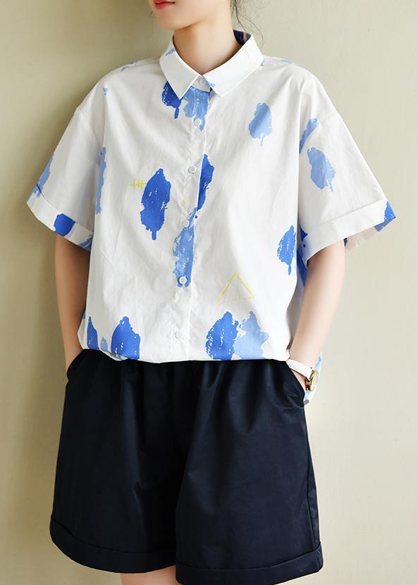 Women white print Wardrobes lapel Button Down summer tops