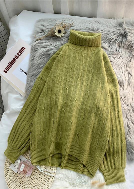 Aesthetic green Blouse cable casual high neck knitwear