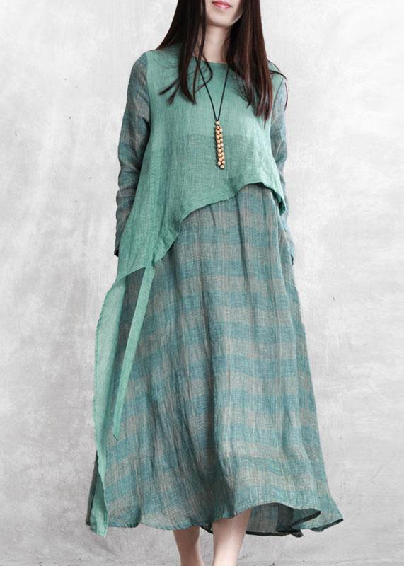 100% green plaid tunic top o neck asymmetric Maxi fall Dresses