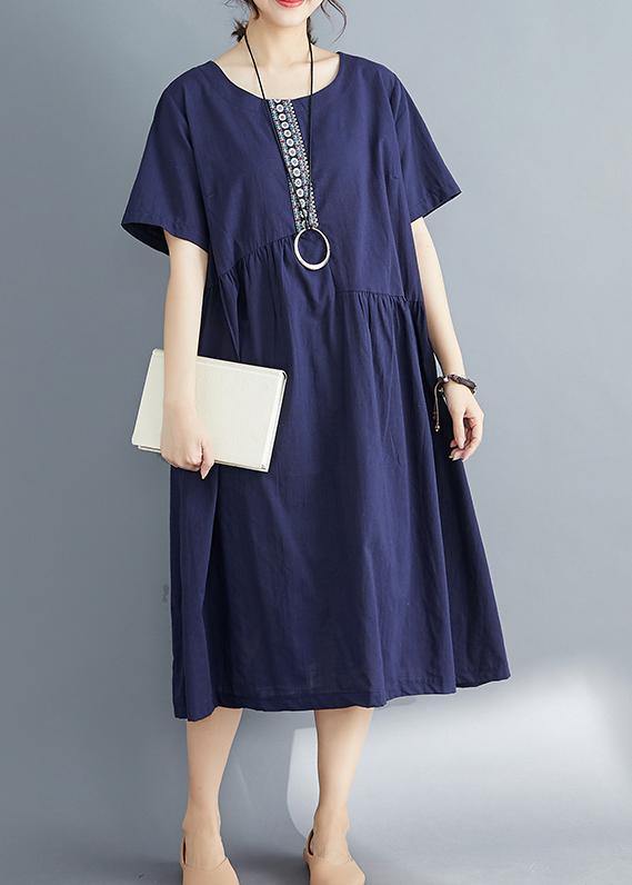 Style navy linen dress plus size Outfits o neck patchwork oversized Summer Dress