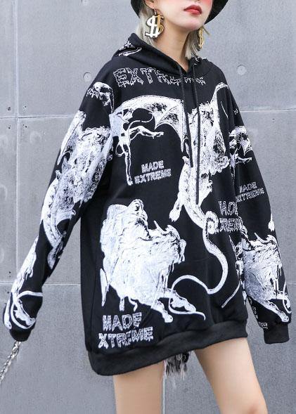 DIY black prints cotton clothes hooded loose fall T shirts