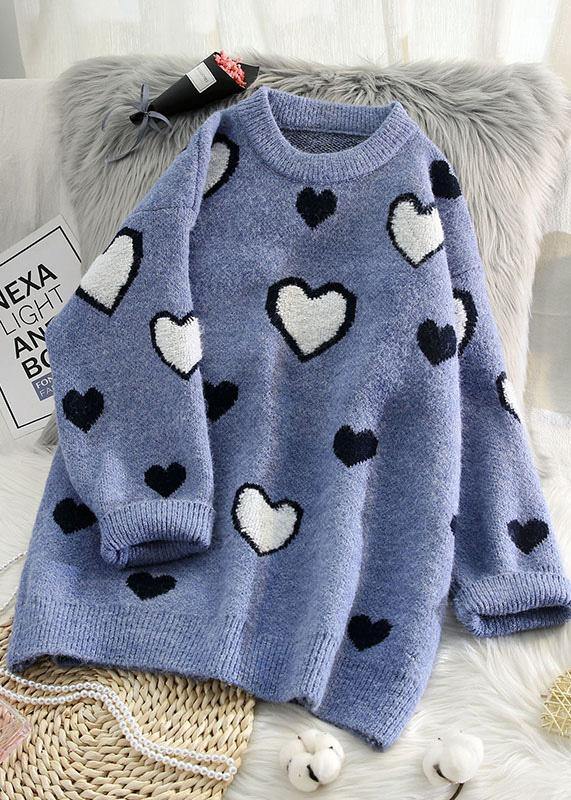 Women o neck blue knit sweat tops oversized love knitted pullover