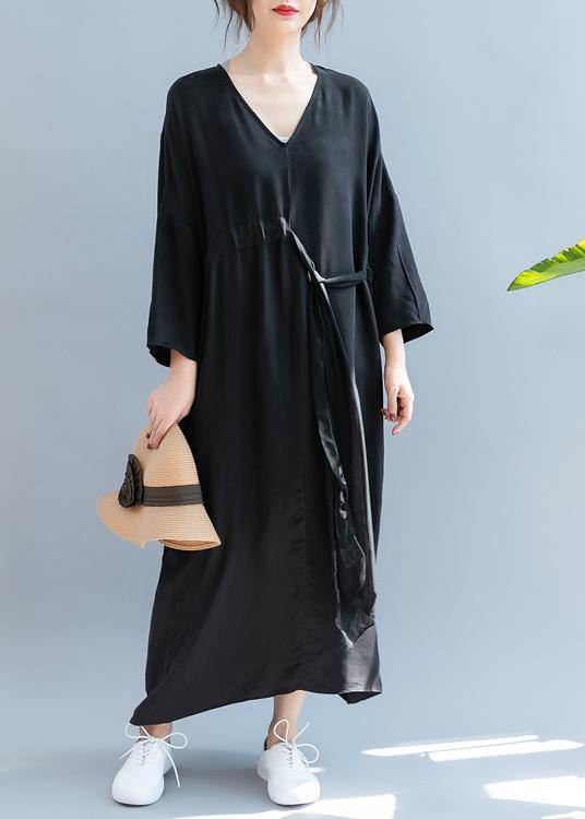 DIY v neck drawstring summer dress Sewing black Kaftan Dress