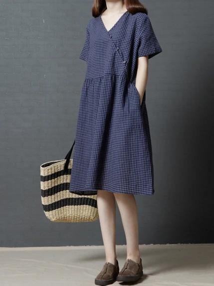Modern v neck Cinched cotton dress Shirts navy plaid Dress