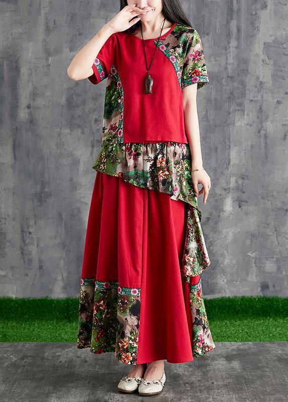 Summer cotton linen color stitching small fresh Chinese body temperament red print two-piece