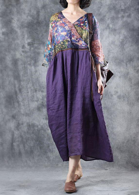 Organic purple linen dress patchwork Plus Size v neck Dress