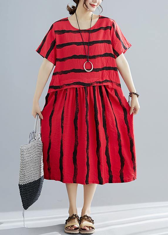 French o neck pockets Cotton dresses Boho Shape red striped shift Dresses Summer