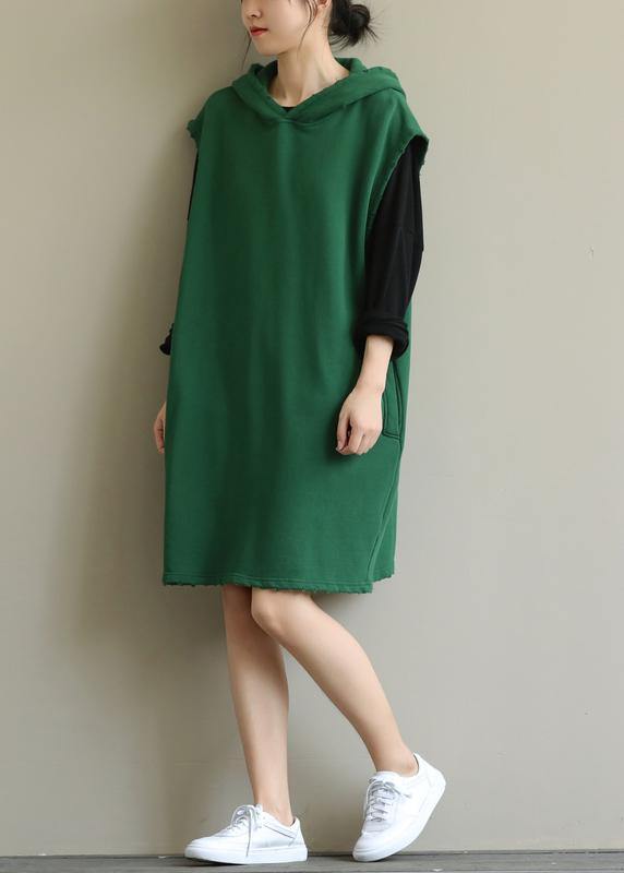 Chic hooded pockets fall Tunic Sleeve green Dress