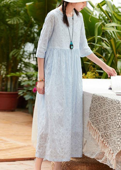 Elegant o neck pockets cotton quilting clothes design light blue Plus Size Dresses summer