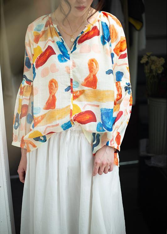 Beautiful orange print clothes v neck low high design summer blouse