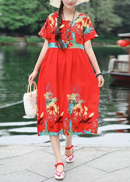 Organic red prints cotton tunic dress o neck cotton summer Dresses