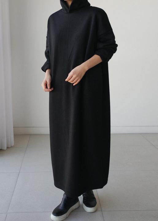 Natural hooded Batwing Sleeve cotton Tunics Runway black long Dresses