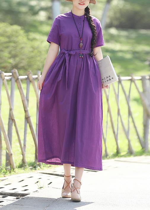 Women stand collar cotton dresses linen purple Dresses summer