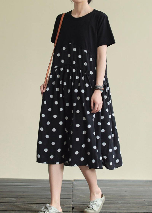 Classy black dotted Cotton clothes o neck patchwork A Line Dress