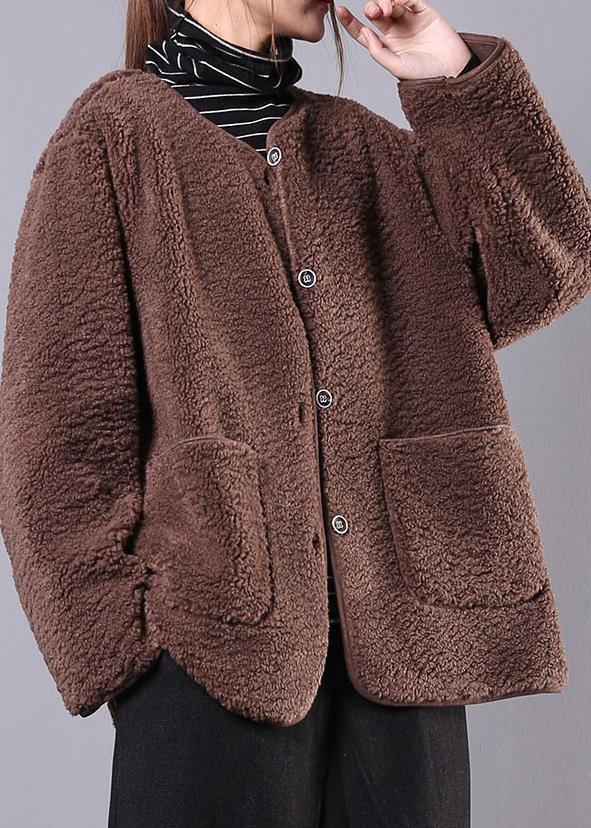 fine coat jacket chocolate o neck Button Wool jackets