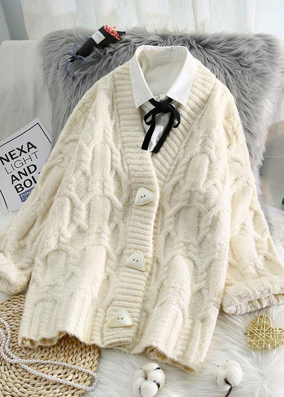 Comfy spring knitwear plus size beige v neck Button sweater coat