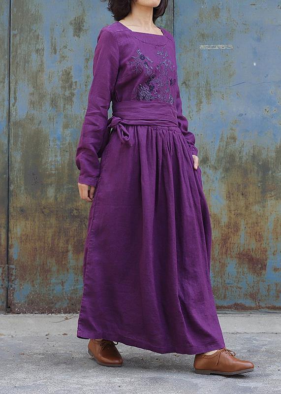 Classy purple linen clothes For Women tie waist loose embroidery Dress