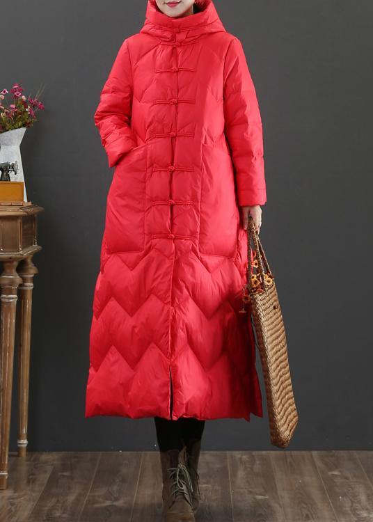 women plus size winter outwear red hooded Chinese Button duck down coat